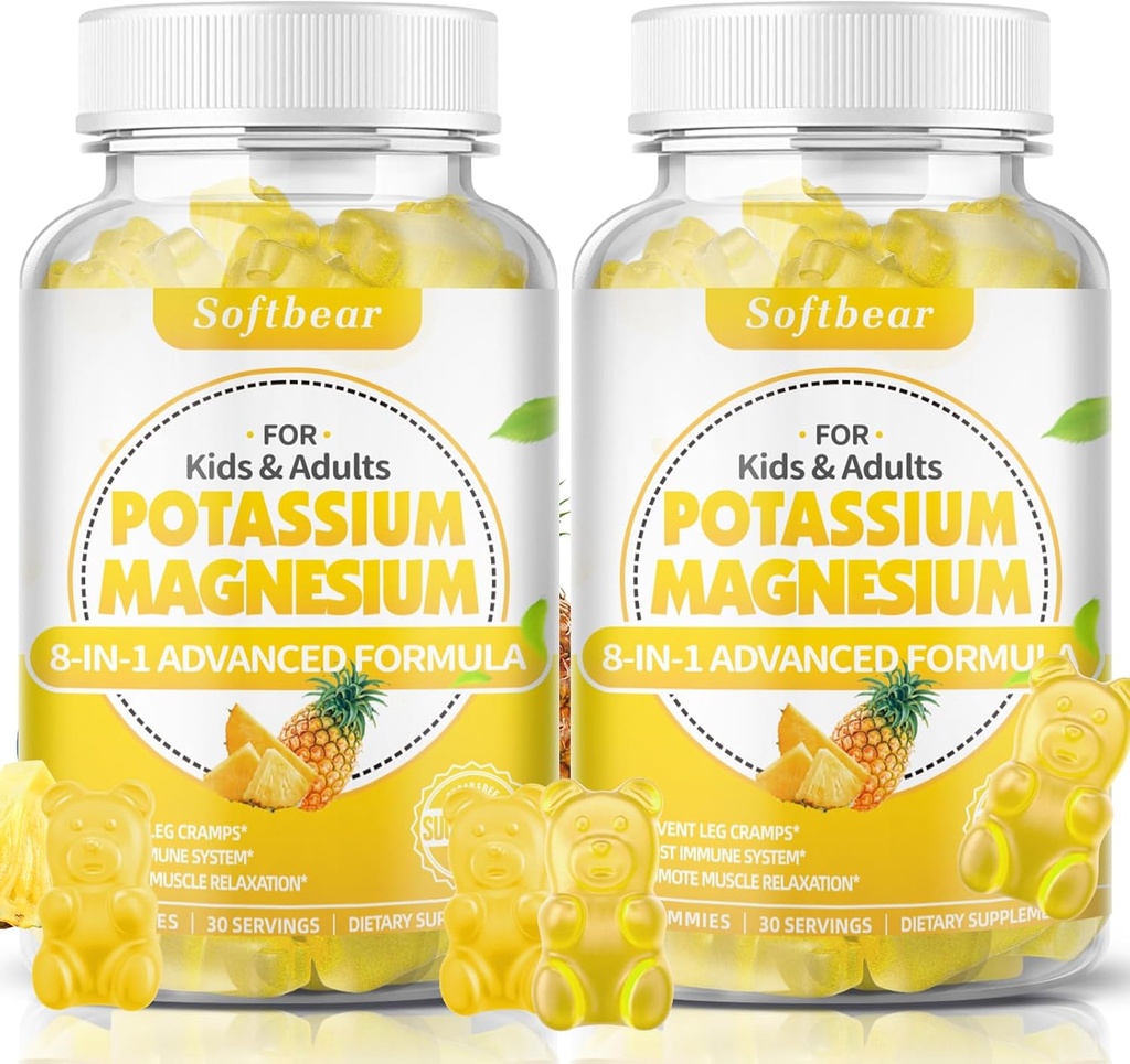 softbear draselné gumy pro dospělé, Sugar- bez draslíku doplněk hořčíku s vitaminem B6 CoQ10 pro svalové křeče vegan ananas Flavor 120 Gumy