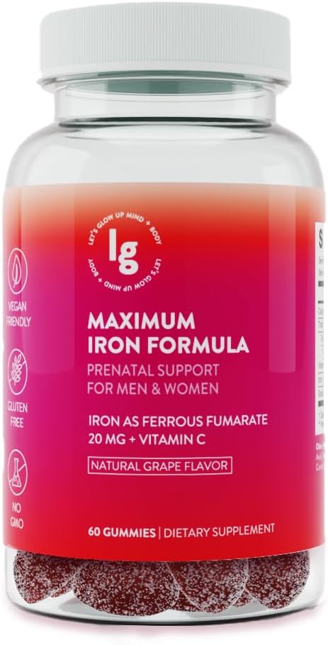 Železné žvejky - 20 mg vysoké absorpce Železo + vitamín C, B12 & Folát - Vegan, Non GMO, Gluten Gluten zdarma - Podpora energie a anémie - 60 Ct