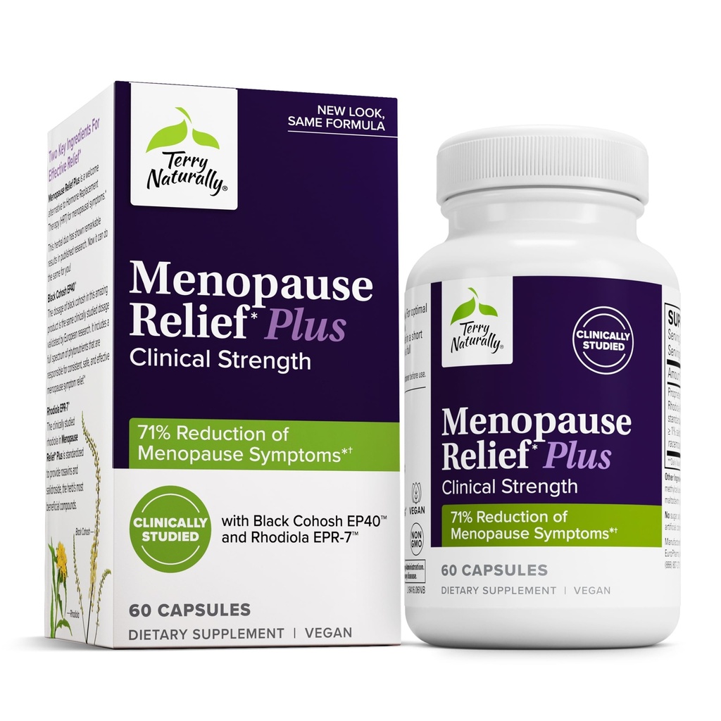 Terry Přirozeně Menopauza Relief Plus - Menopauza Symptom Dodatek - Doplněk k pomoci proti příležitostné únavě a nočním potům - Doplněk s Rhoddiola & Black Cohosh - 60 Kapsle