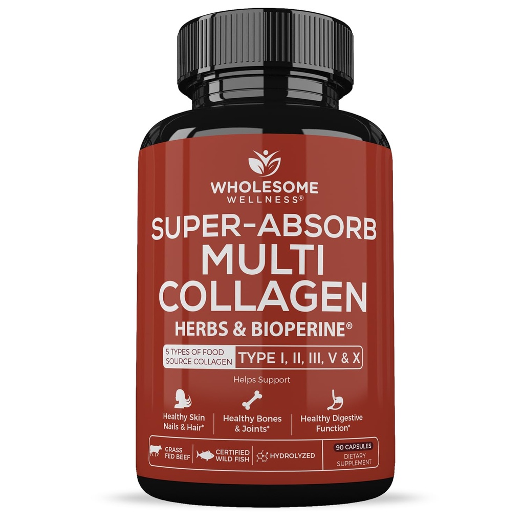 Zdravé Wellness Super- Absorb Multi kolagen pilulky (typ I II III V X) Organic Byliny & Bioperin - Vlasy, kůže, nehty - Hydrolyzované Peptidy Protein doplněk pro ženy a muže (90 Kapsle)