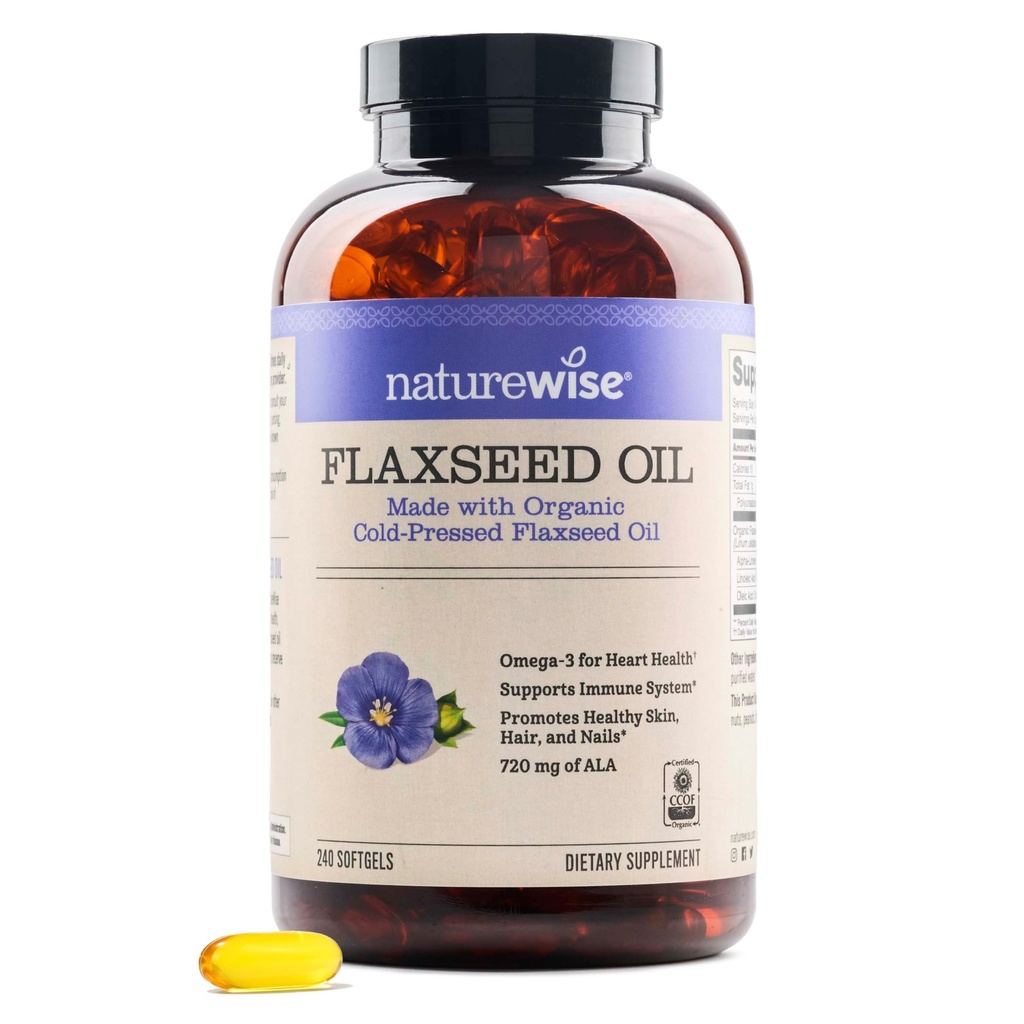 NatureWise Flaxseed Oil 1,242 mg, Fish Free Omega 3 6 9 with 720mg ALA, Dietní dodatek pro podporu srdečního zdraví - Organic, Cold Pressed, Non- GMO - 240 Softgels [8-Month Supply]