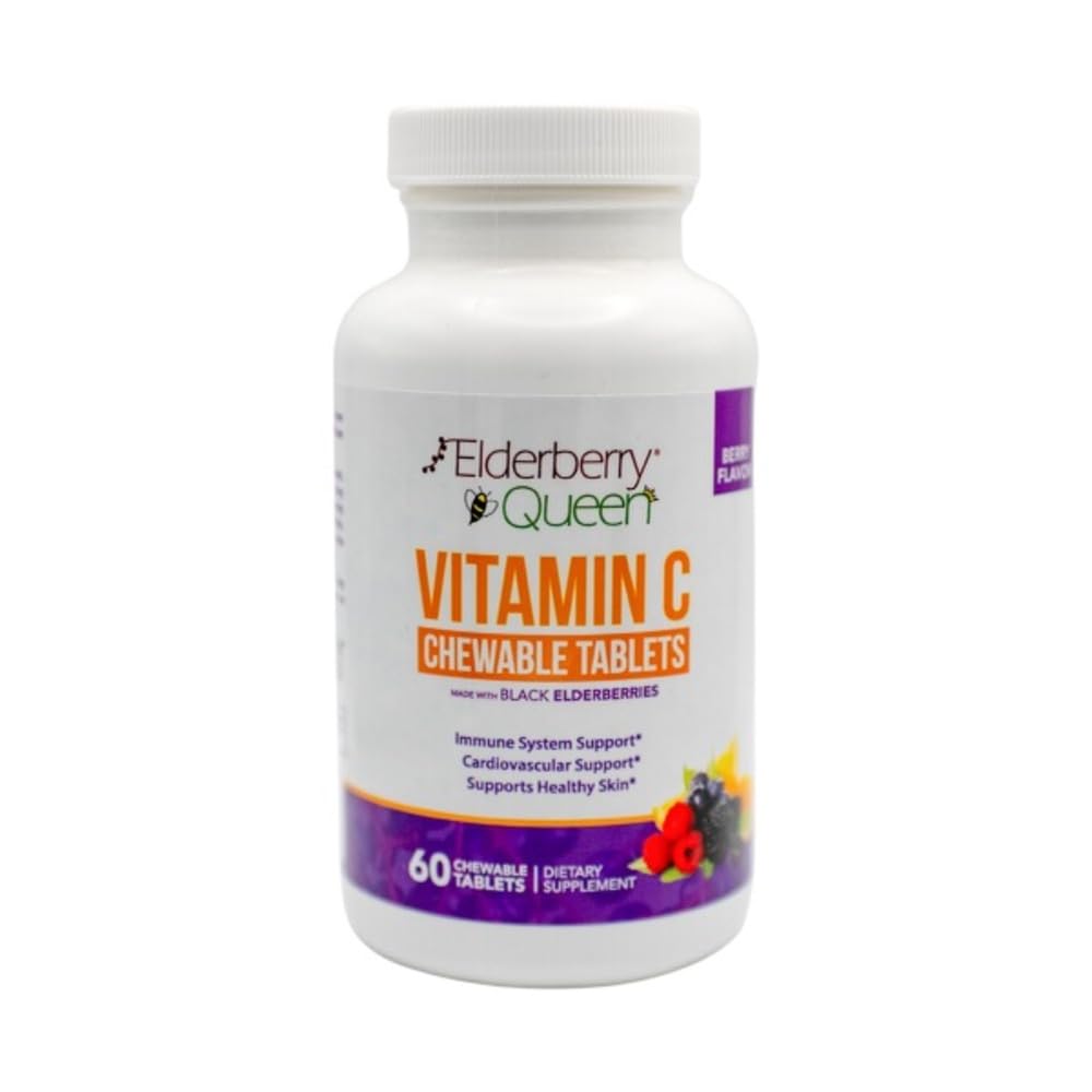 Elderberry Queen Chewable Vitamin C 500mg - Imunitate Boost & Antioxidant Support Tablety s vitamínem A, E & Organic Echinacea, Starší ovoce, Acerola - Přírodní doplněk stravy, 60 Počet
