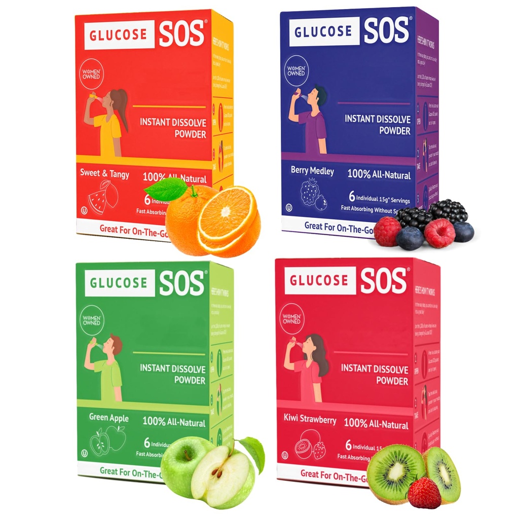Glukóza SOS Glukóza Pakety s přírodní Dextrose, Fast- Absorpce, která se okamžitě rozpustí v ústech bez potřeby vody, 4 Flavor Variety 24 Servings