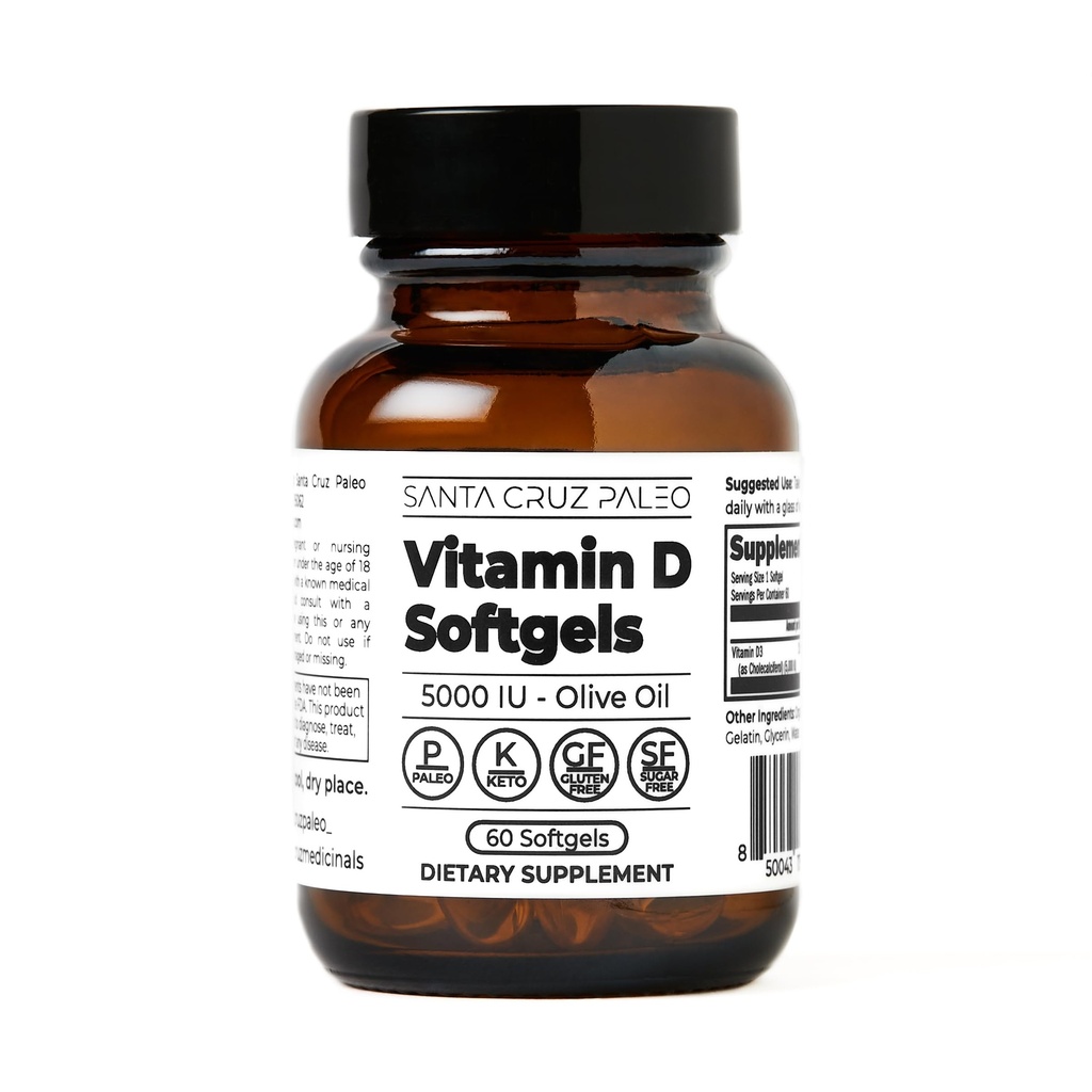 Santa Cruz Paleo vitamin D Dodatek, Kostní zdraví a imunitní podpora, 5000 i.u. Per Softgel, Gluten zdarma, Keto, Cukr zdarma, Paleo, Vitamin D3, Olivový olej pro absorpci, přírodní přísady, 60