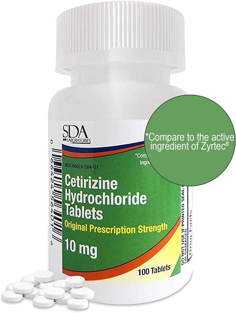 SDA Laboratories All Day 24- Hour Alergics Medicine 100 Count Antihistamin for Alergies, Pollen, Hay Fever, Dry, Itchy Eyes Itchy 124; Cetirizin HCl 10mg Tablety