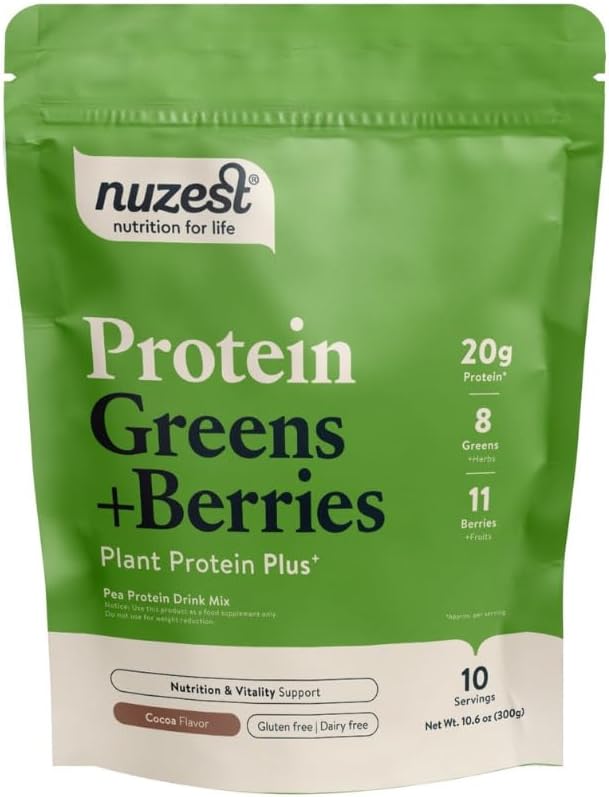 Nuzest - Protein Green + Berries - Superfood Powder - Plant Protein Blend - 300g / 10.6 oz Pouch (10 Služeb) (kakao, 300g)