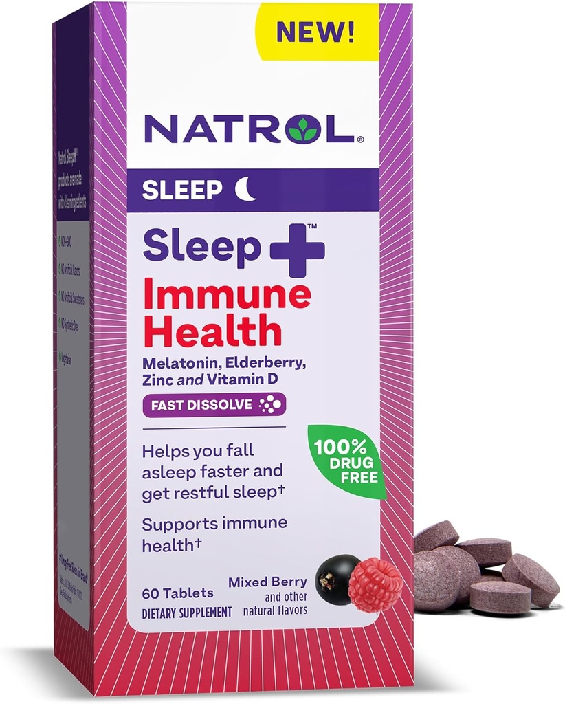 Natrol Sleep + Imunitní zdraví Melatonin 6 mg s Elderberry, zinek a vitamín D, dietní doplněk pro klidový spánek a imunitní podporu, 60 Smíšené Berry- ochucené rychlé rozpuštění tablety, 60 denní dodávka
