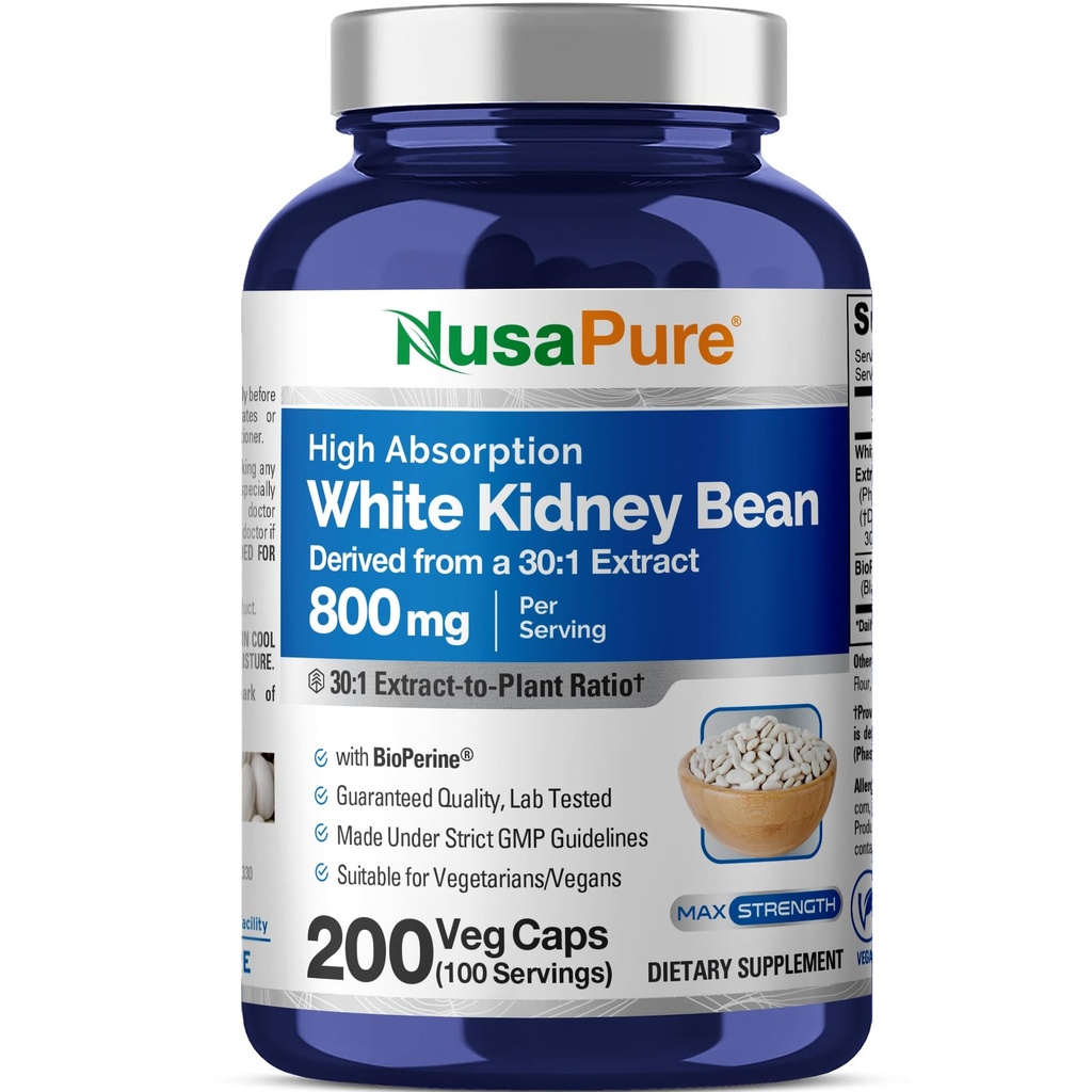 NusaPure White Ledviny Fazole 30: 1 Extract, 800 mg Ekvivalentní k 24 000 mg 200 Vegan Kapsle - Bioperin - (Vegan, Non- GMO)