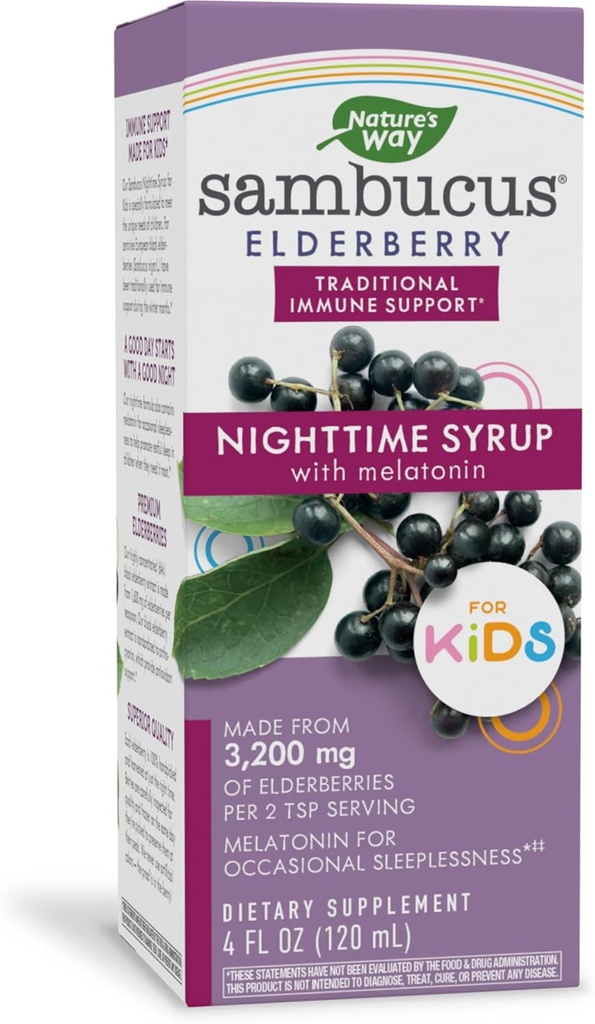 Nature 's Way Sambucus Elderberry Nighttime Sirup pro děti s melatonin, Imunitní podpora *, 4 Fl Oz
