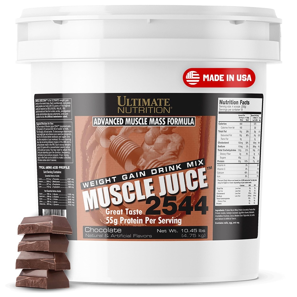 Ultimate Nutrition Muscle Juice, Weight Gain Drink Mix - Mass Gainer Workout Powder for Men & Women - Doplněk pro Lean Muscle Growth & Imunitation Support with 55g Protein - Čokoláda, 10.45lb