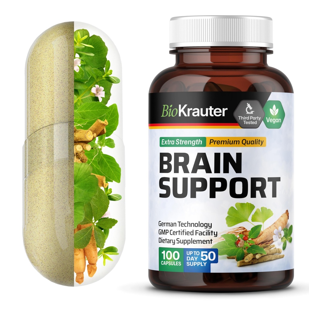BIO KRAUTER Brain Support Supplement - 100 hrabě - 1300 mg Směs Ashwagandhy, Panax Ginseng a Ginkgo Biloba - Vegan, No Fillers