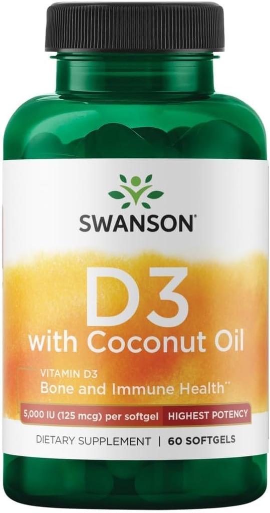 Swanson High Potency Vitamin D-3 w / Kokosový - Přírodní dodatek Podpora zdraví a imunitního systému - Může pomoci zvýšit absorpci vápníku - (60 Softgels, 125mcg každý)
