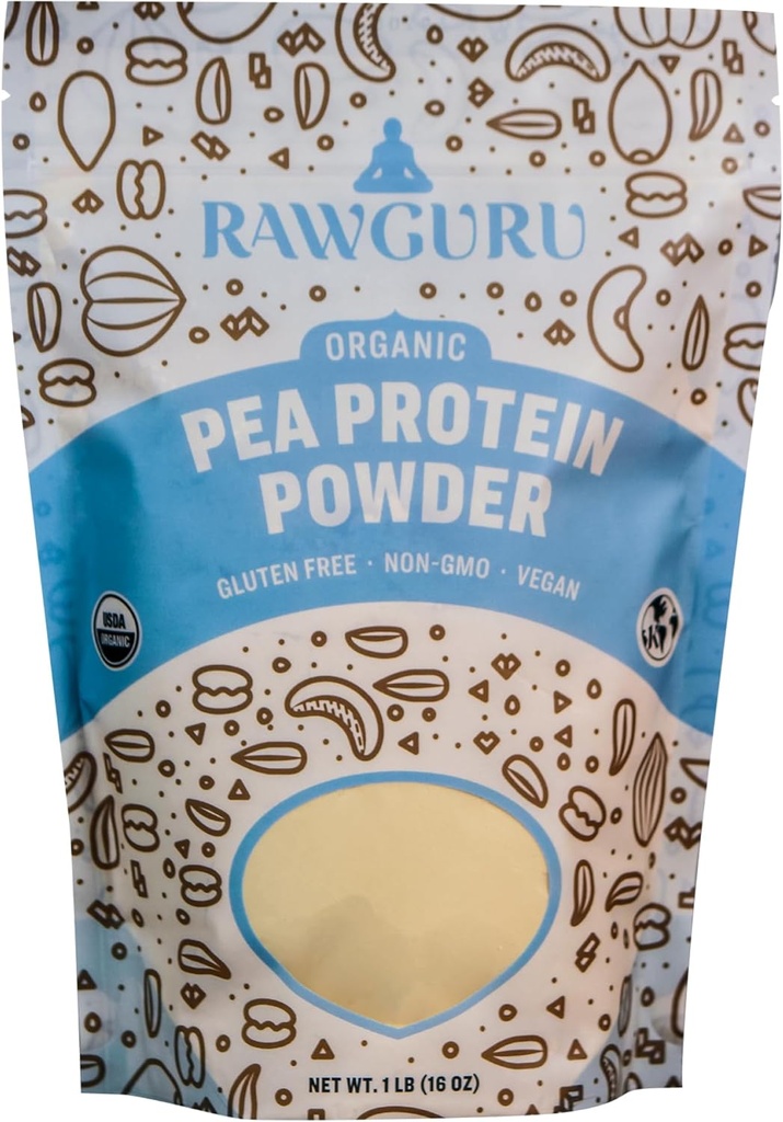 RawGuru Organic Pea Protein Powder - 16 oz - USDA Organic CLANE124; Gluten Free CLANE124; Non- GMO CLANE124; Vegan CLANE124; Plant Protein Powder