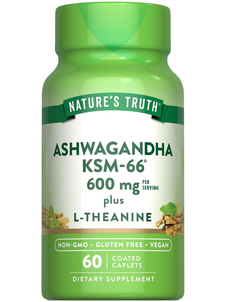 Nature 's Truth KSM- 66 Ashwagandha IR 124; 60 Caplet IR 124; s L-Theanine IR 124; Vegan, Non-GMO, & gluten zdarma dodatek
