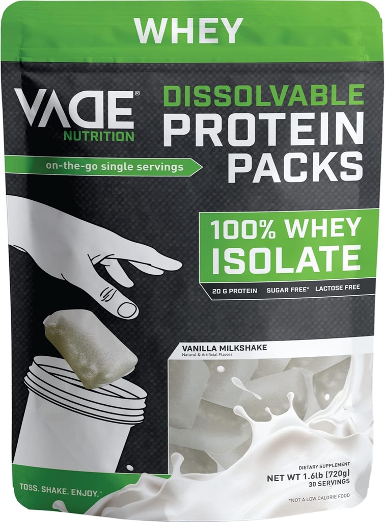 VADE Nutrition Disolvable Protein Packs - 100% syrovátka izolát protein prášek vanilkový mléčný koktejl - Nízký karb, nízká kalorie, laktóza zdarma, cukr zdarma, tuk zdarma, gluten zdarma - 30 Pakety jít