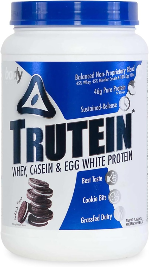 Body Nutrition Trutein High Protein Powder: 45% Syrovátka, 45% Kasein, 10% Vejce White Protein Shake Mix, Nízký sodík, Nízké sacharidové bílkoviny dodatek Prášek pro muže a ženy, Cookies & Cream, 2lb