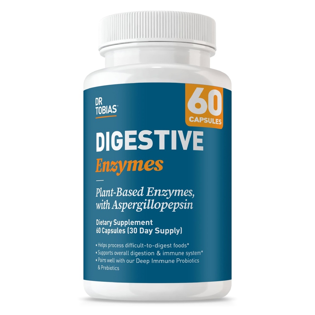 Dr. Tobias Digestive Enzymy s Amylázou, Bromelain, Lipáza, Lactase, Protéza, Papain & More, Příplatek k trávení s 18 Enzymy pro stravení a Gut zdraví, 60 Kapsle, 30 Služebnictví
