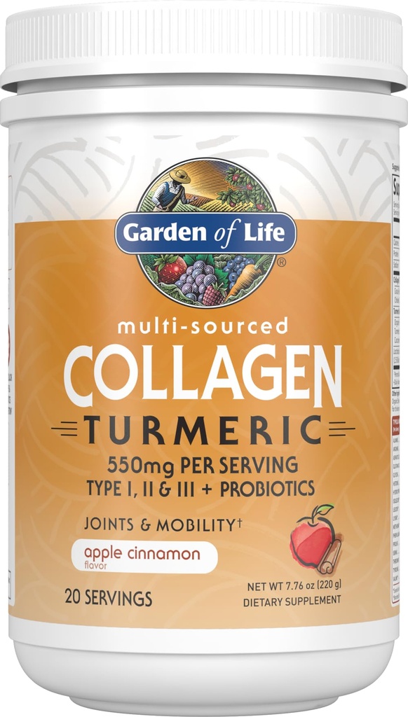 Zahrada života Multi- Sourced Collagen Peptides + Turmeric Powder - Apple Cinnamon, 20 Servings, pro ženy muži Joints Mobility, Hydrolyzované kolagenové proteinové prášky doplňky