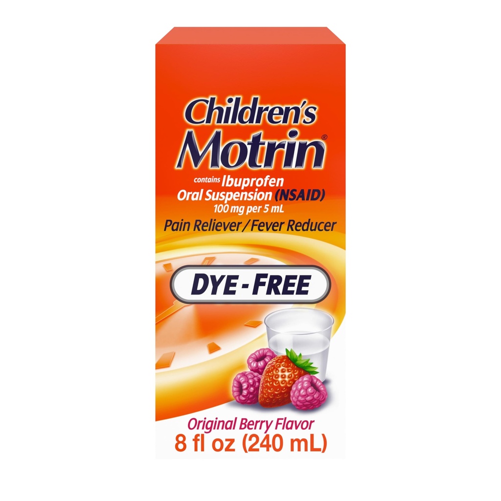 Dětské Motrin perorální suspenze 100mg Ibuprofen Medicine, NSAID Fever Reducer & Pain Reliever for Minor Aches & Pains Due to Cold & Flu, Dye Free, Alkoholo- Free, Berry ochucené, 8 f. oz