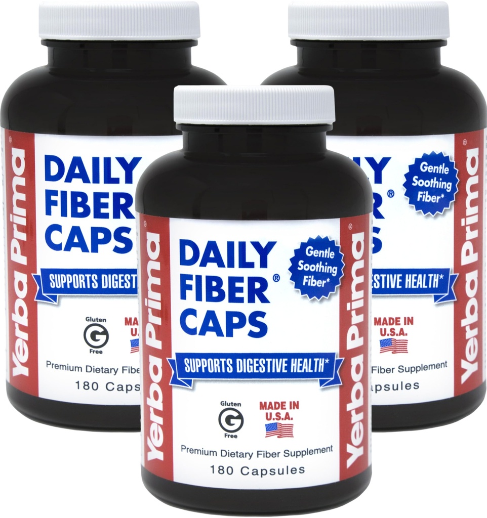 Yerba Prima Daily Fiber Kapsle, 180 Caps (Balení 3) - Rozpustný dietní doplněk vlákna - Colon Cleanse - Gut Health - Zácpa Relief, Vegan, Non- GMO, gluten- bez