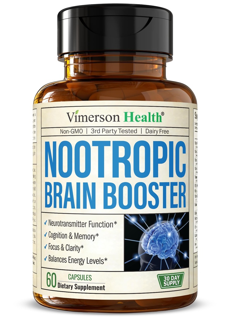 Nootropics Brain Support Supplement - Nootropic Brain Booster pro lepší soustředění, koncentraci a paměť. Mozek Nootropic pro zdraví mozku, Mood & Energy Support. Non-GMO. Vyrobeno v USA. 60 Tobolky