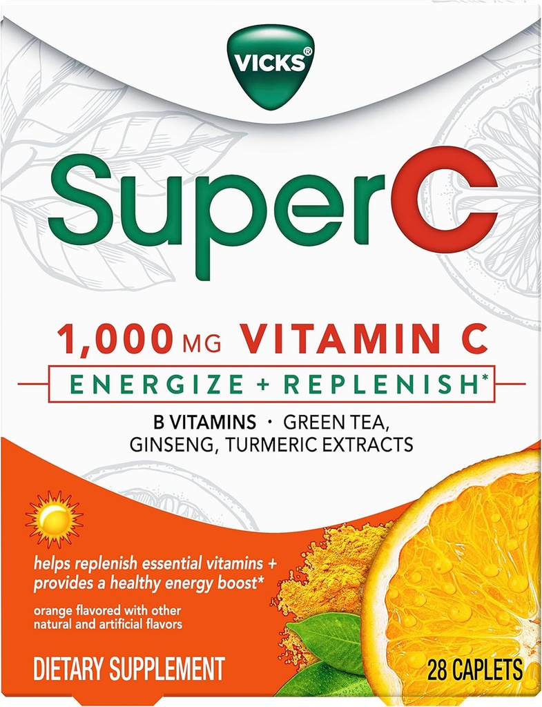Vicks Super C Energize + doplnit denní dietní dodatek s vitaminem C, B vitaminy, zelený čaj, ženšen, a kurkuma extrakt pomoci doplnit základní vitamíny *, 28 Kaplety