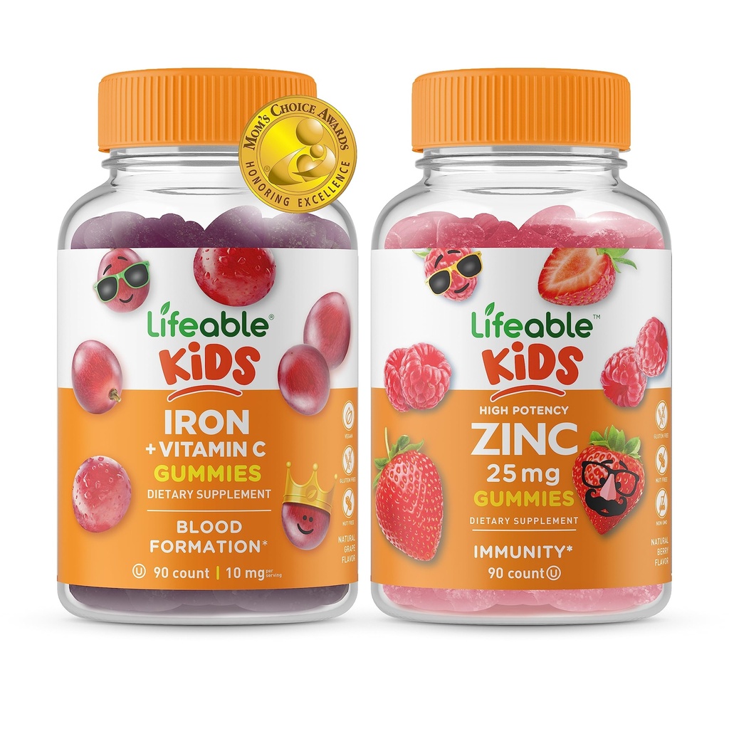 Živé železo a vitamín C děti + zinek 25mg děti, gumies Bundle - velký přípitek, vitamin dodatek, gluten zdarma, GMO zdarma, Žvýkací žlab