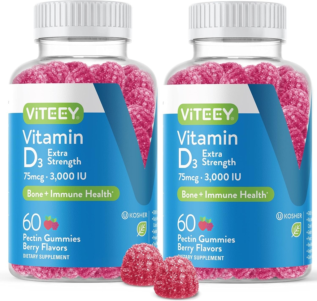 Vitamin D3 Gummies pro dospělé a dospívající - 3 000 IU, 75mcg, Extra síla - kloubní a svalnaté zdraví, imunitní boost - Žvýkací vitamin D Gummies - Vegetarian, želatina zdarma - Chutné Berry ochucené gumy