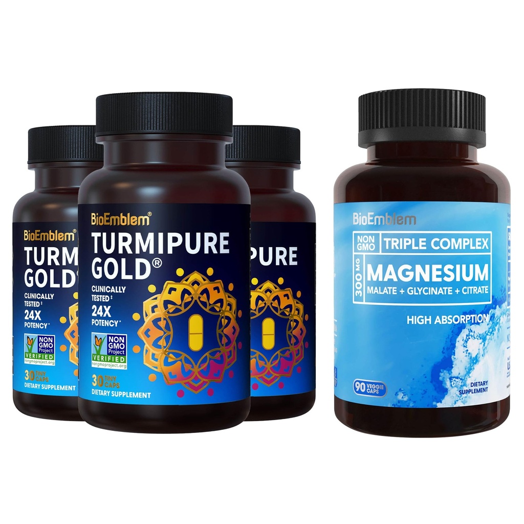 BioEmblim Triple Magnesium Complex a BioEmblim Kurkumin s klinicky studovaným TurmiPine - Společná podpora, Zdravé Zánět Turmerické doplňky