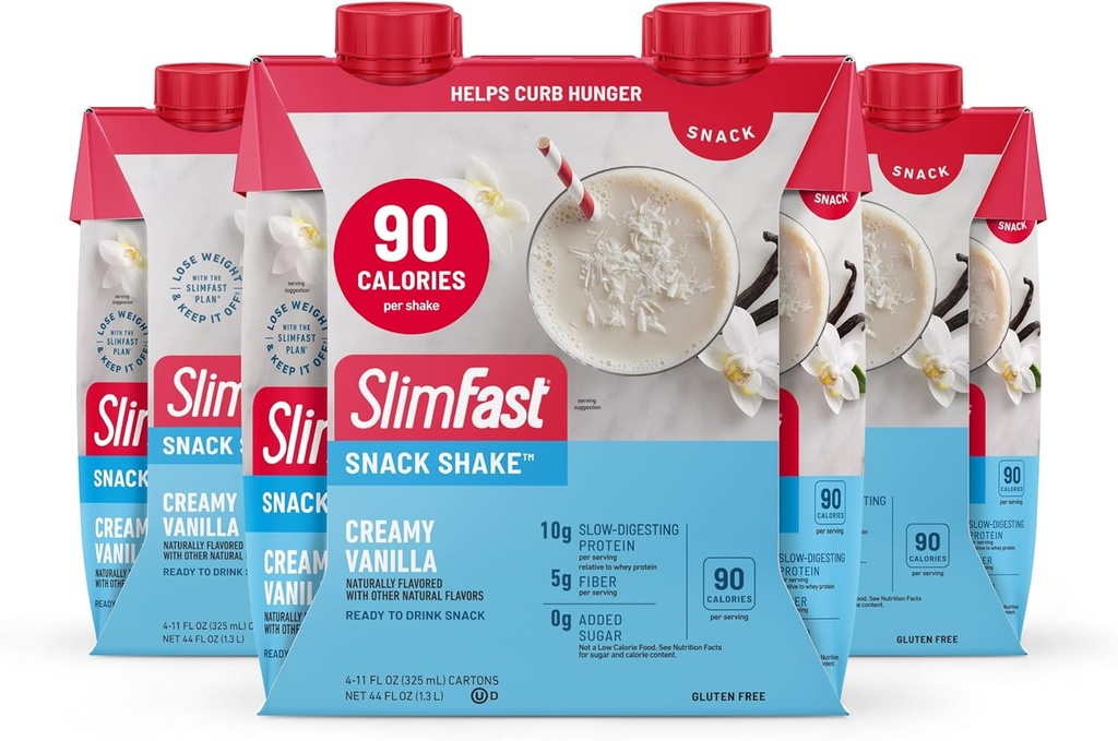 SlimFast Snack Shake, 90 Calorie Fiber Shake, Připravený k pití, Protein Drink, Creamy Vanilla, 12 Počet