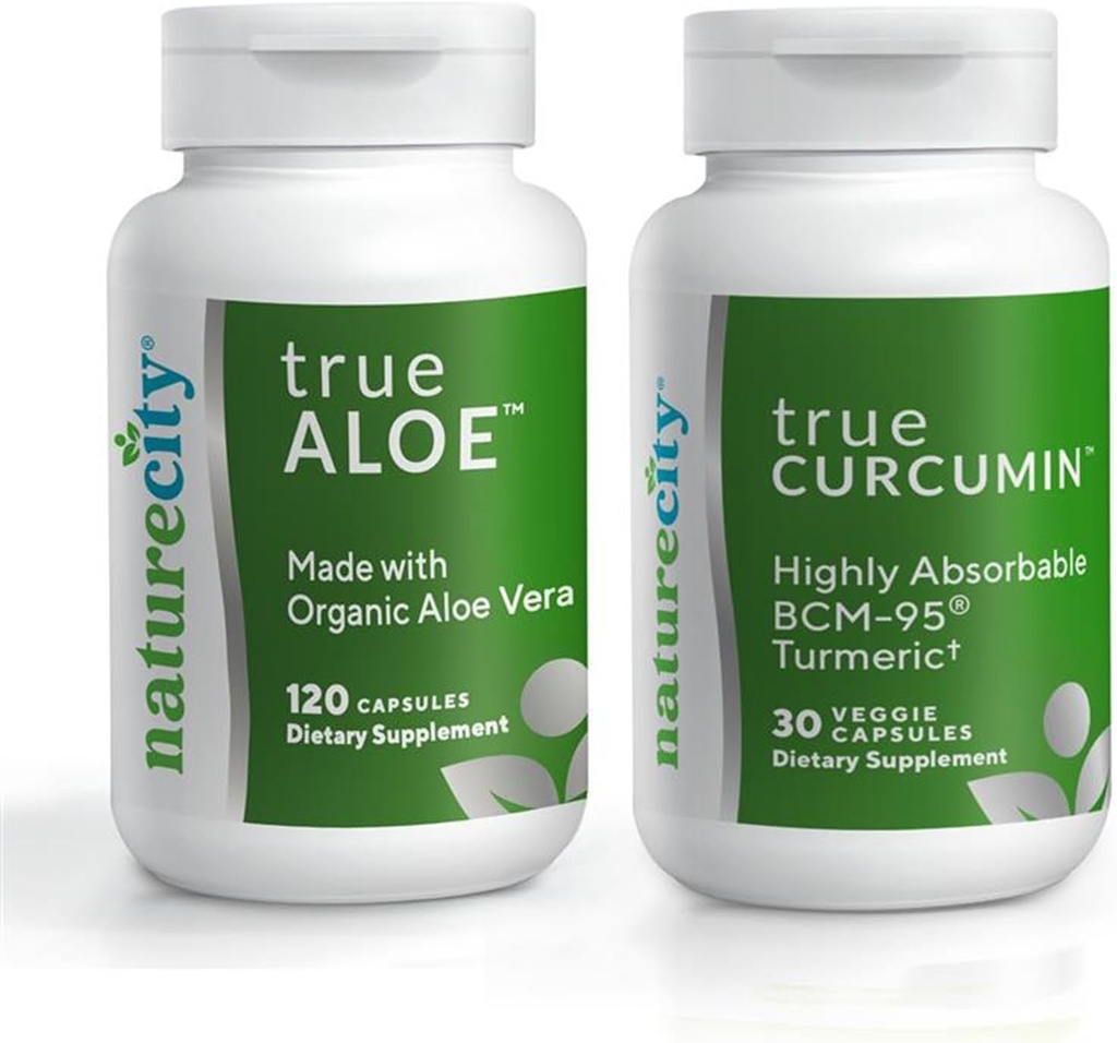 NatureCity Joint Support Bundle 124; True- Aloe Made with Organic AloeVera, 120 Capsules + True- Curcumin with 500mg of High Absorbable BCM- 95 Curcumin + Turmeric Essential Oil, 30 Capsules