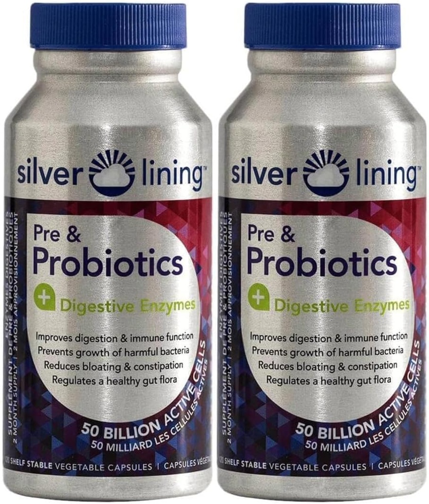 Silver Lining Pre & Probiotika + Digestive Enzymy CFU 124; 50 Miliardy CFU / Aktivní buňky CFU 124; Digestive & Imunitation Function Support, Reduces Bloating CF124; Shelf- Stabilní vzorec CF124; 240 Počet (balení po 2)