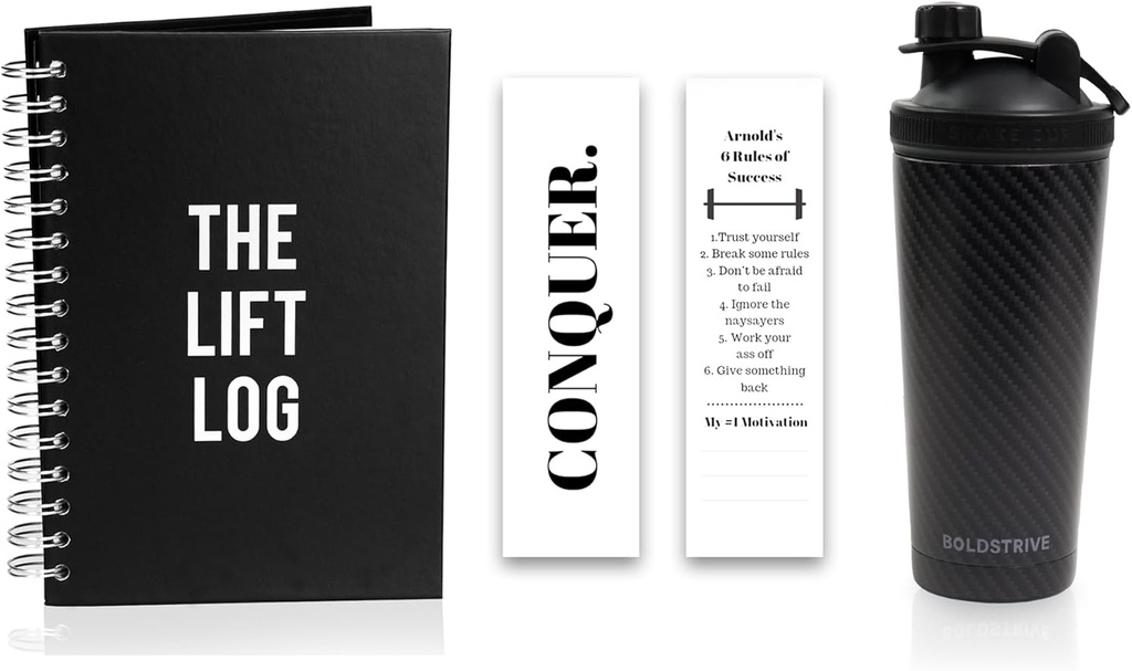 Stainless Steel Protein Shaker Lahvička, Izolovaná vodní láhev s černým uhlíkovým fiberem Wrap & Workout Journal s záložkou - 6 měsíců Nedatovaný Daily Fitness Journal