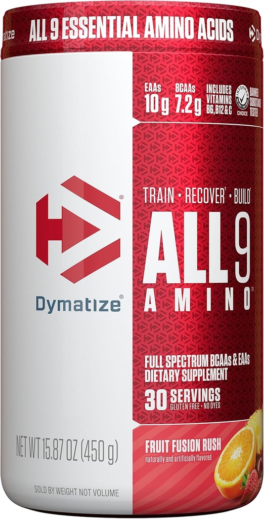 Dymatize All9 Amino, 7.2g BCAA, 10g esenciálních aminokyselin plného spektru per sloužící k zotavení a svalové proteinové syntézy, Frusion Rush, 30 Servings, 15.87 Ounce
