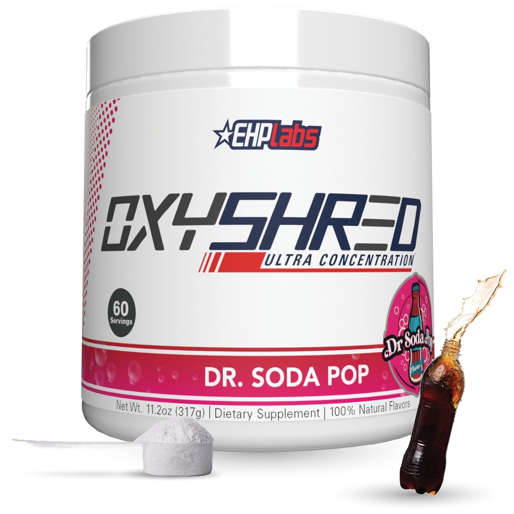 EHP Labs OxyShred Thermogenic Fat Burner - Pre- Workout Powder with L- Glutamin, Acetyl L- karnitin, Metabolismus Booster, hubnutí, Kontrola chuti, Energetický nápoj, Dr. Soda Pop, 60 Servings