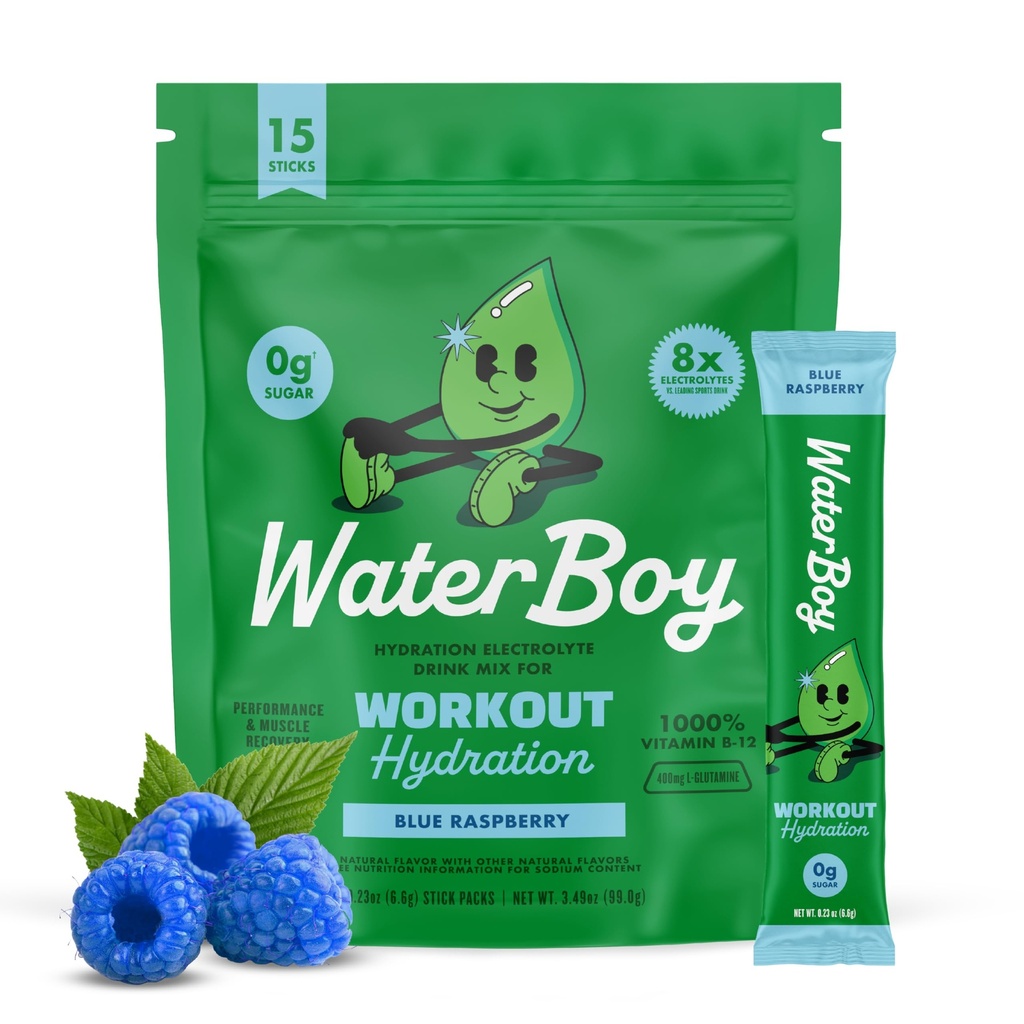 Waterboy Cvičení Hydratace 124; 2,960mg Sugar Free Electrolyte Powder Packets 124; L-glutamin + Vitamíny 124; No Sugar, All Natural, Gluten Free Dutch 124; 15 Drink Stick Mixes (Blue Raspberry)