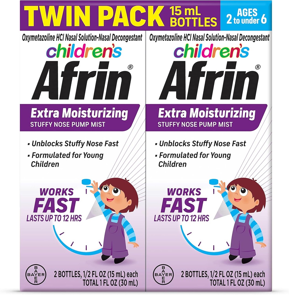 Afrin Dětské Extra Moisturizing Nasal Mist, Non- Drowsy, Fast- acting Decongestant pro až 12 hodin Stuffy Nose Relief, Děti věku 2 až 6, .5 fl oz (Pack of 2)