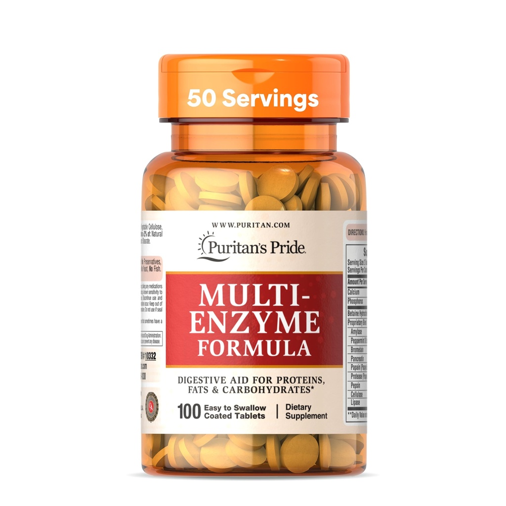 Puritan je Pride Multi- enzyme Formule, Dědičná pomůcka pro proteiny, tuky, a sacharidy, Dietní dodatek pro potravu a zdravé Gut podporu, 50 denní dodávky, 100 Snadno polykat potahované tablety
