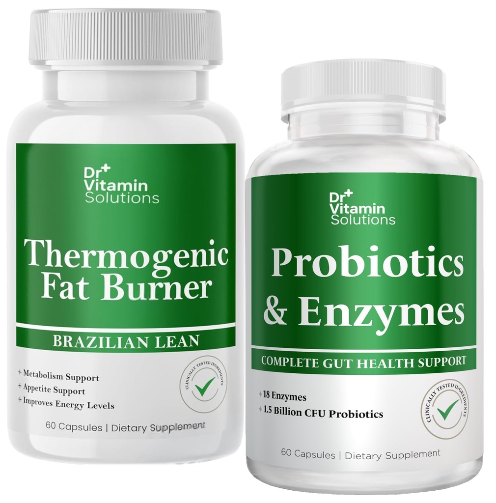 DR VITAMIN ŘEŠENÍ Thermogenní spalovač tuků & Probiotika Dědičné Enzymy s Prebiotika pro stravitelné zdraví a nadýmání Relief pro ženy a muže - Bundle 90 Caps