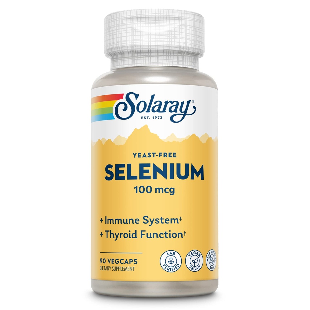 SOLARAY Selen 100 mcg Supplement pro ženy a muže - Selen 100mcg Kapsle, štítné a imunitní zdravotní podpora, kvasinková zdarma, L Selenomethionin, Antioxidant Support, Vegan - 90 Veg Caps