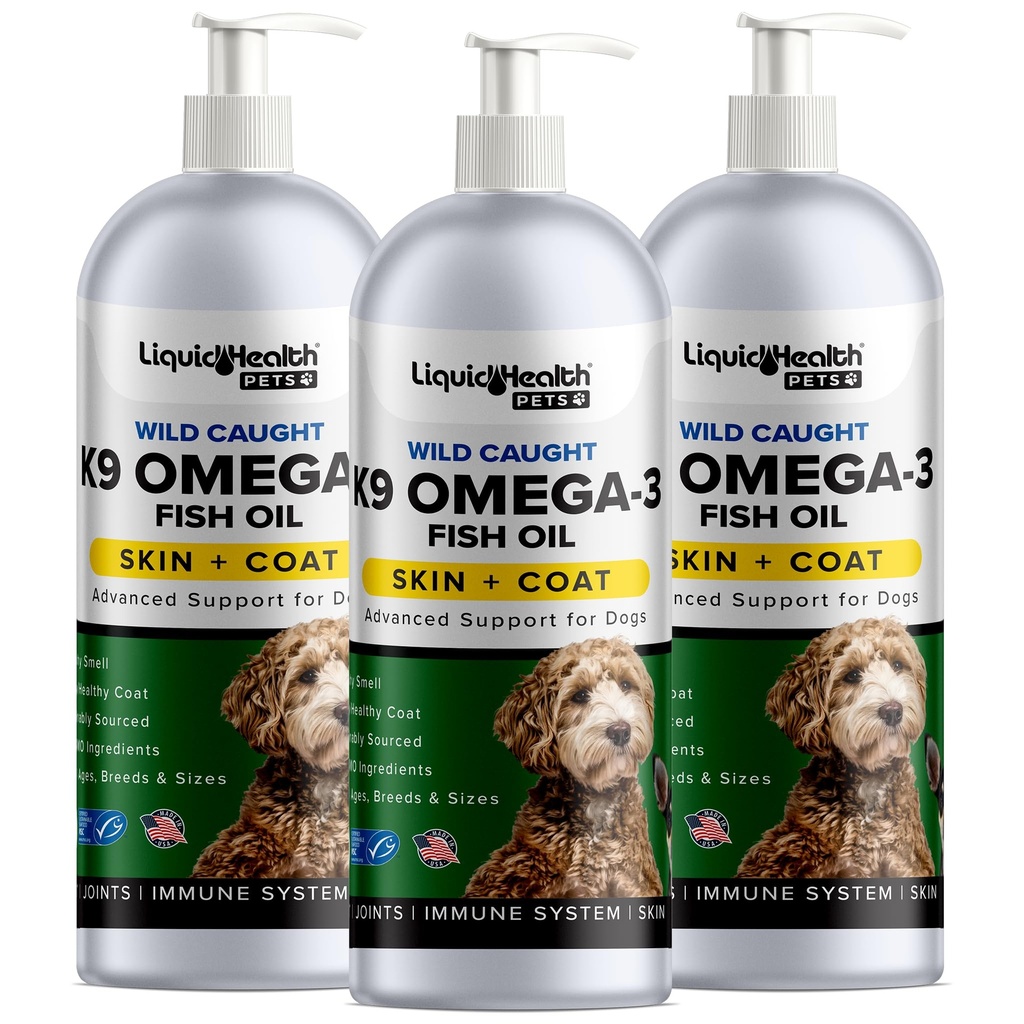 Liquid Health Domácí zvířata K9 Omega 3 Rybí olej pro psy - Liquid Omega 3 Dodatek pro zvířata s EPA + DPA + DHA - Snižte svědění a prolévání, Podpůrné spoje, Imunita, Brain, Heart Health - USA Made (3 Pack)