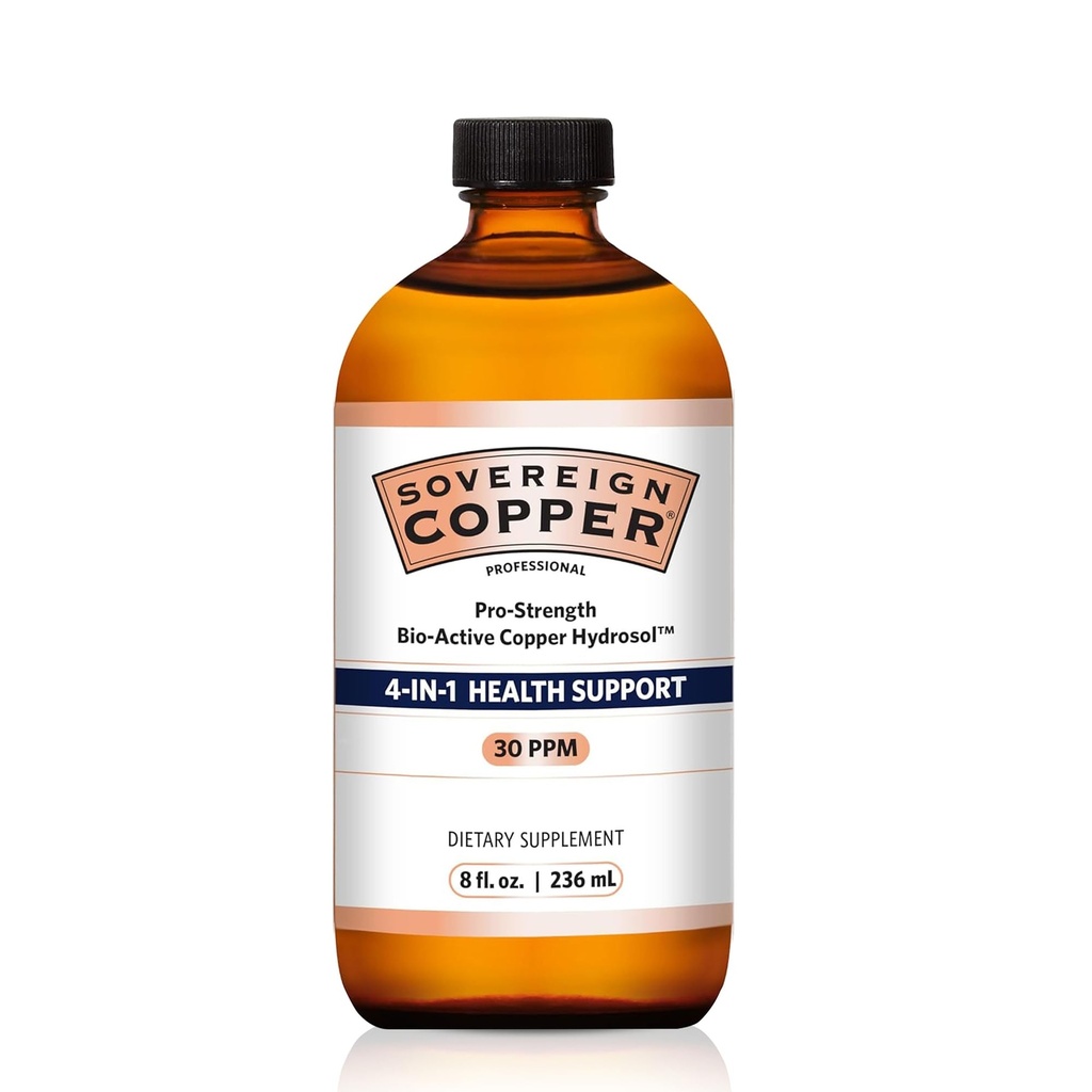 Sovereign Pro-Strength Bio-Active Copper Hydrosol - Bioavailable Copper Liquid Supplement for Dospělí a děti w / Silver Hydrosol for Hair, Skin, & Nails, 30ppm - 8 fl oz (237ml)
