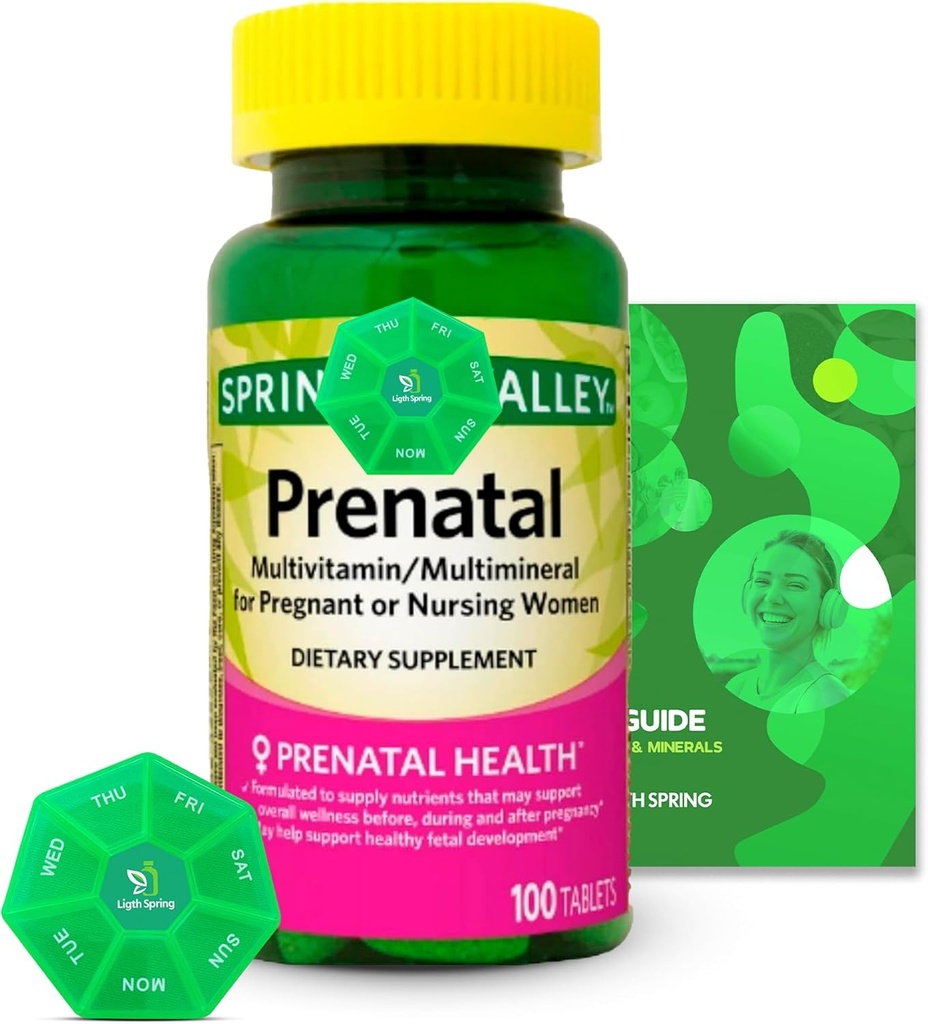 Prenatal Multivitamin / Multimineral 100 Tablet s Bundle Exclusive Vitamíny & Minerály - A až Z -Better Ligth & Spring Guide + Weekly Pill Organizer (3 položky)