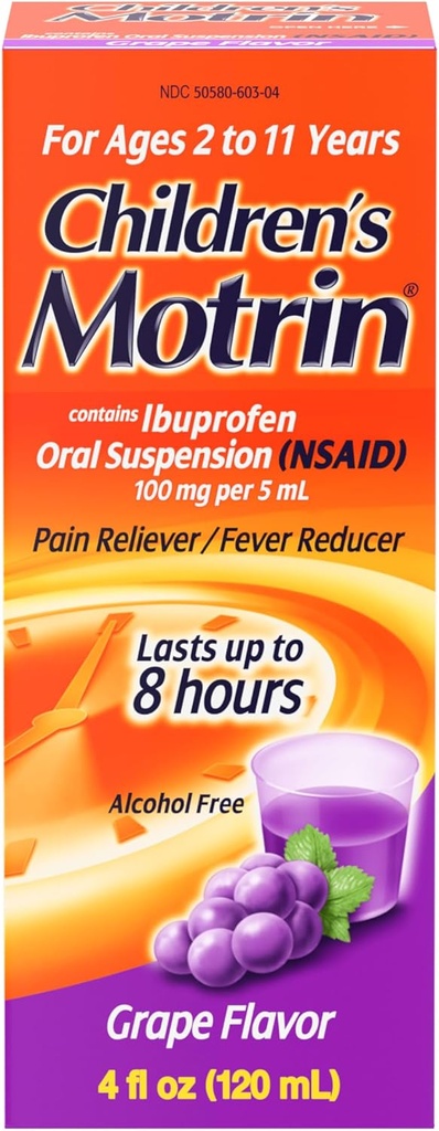 Orální suspenze Motrin pro děti, úleva od bolesti, Ibuprofen, ochucené hrozny, 4 Oz