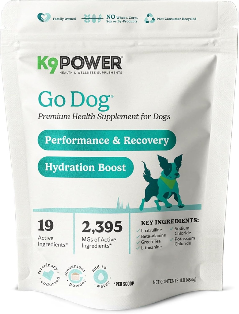 K9 Power Go Dog Hydration & Performance Drink Mix 1 LB - Active Dog Supplement for Muscle Function, Endurance, Recovery, s podporou elektrolytů