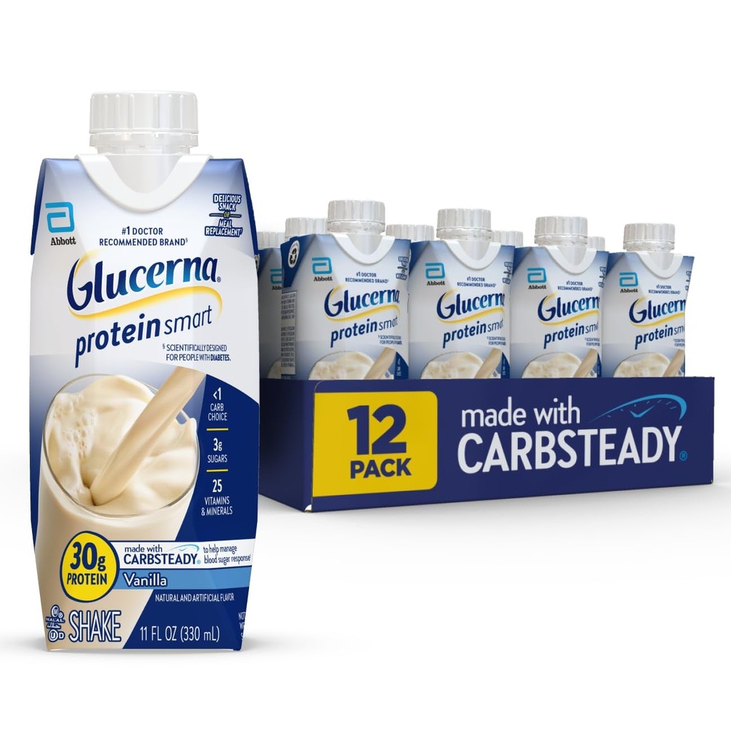 Glucerna protein Inteligentní Diabetes Care Shake, Vanilla, Diabetická strava Náhrada na podporu řízení krevního cukru, 30g protein, 150 kalorií, připraven k pití, 11- fl- oz láhev, 12 balení