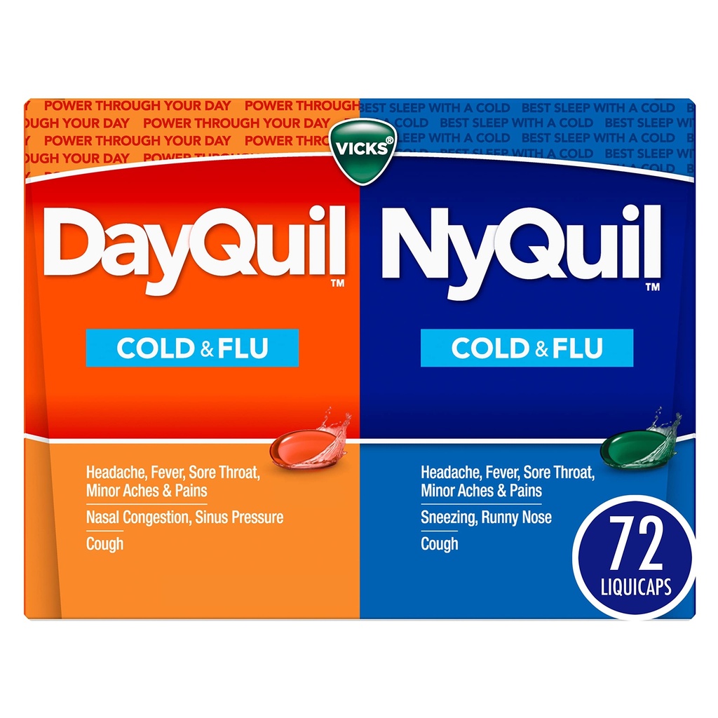 Vicks DayQuil & NyQuil Co- Pack, Cold & Flu Medicine, Powerful Multi- Symptom Daytime & Nighttime Relief for Head, Fever, Sore Throat, Minor Aches & Pains, & Cough, 72ct