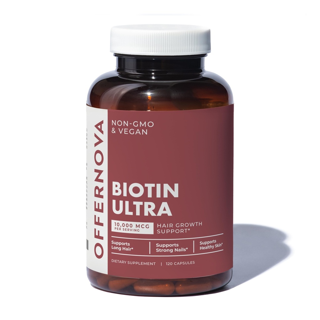 Offernova Biotin Ultra - Vitaminas para el Cabello con Biotina - Pastillas para Crecimiento del Pelo y Barba Auth124; Fortalece el Pelo Piel y Unas - 120 Tabletas