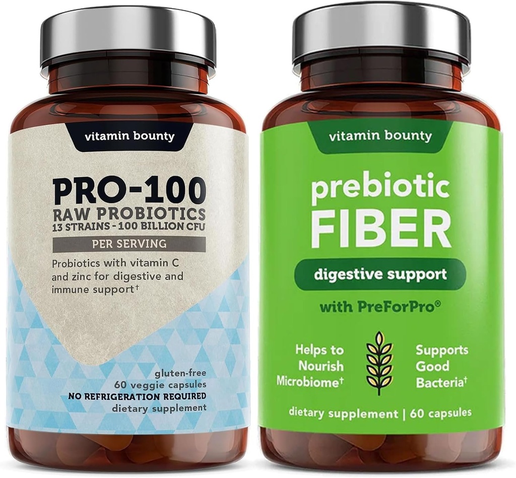 Vitamin Bounty Pro- 100 Probiotika & Prebiotická Fiber Bundle: Ultimate Gut Health Support with 13 Strains, 100 Billion CFU, Zinek & Vitamin C, Zpožděné uvolnění kapsle - 90 Kapsle