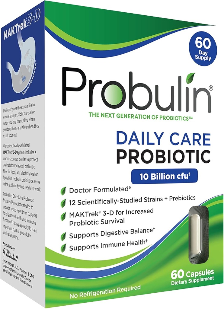 Probiotický dodatek pro denní péči, trávicí, Gut, a imunitní zdravotnické kapsle pro muže a ženy, 10 miliard CFU, Vegan, 60 Count Box
